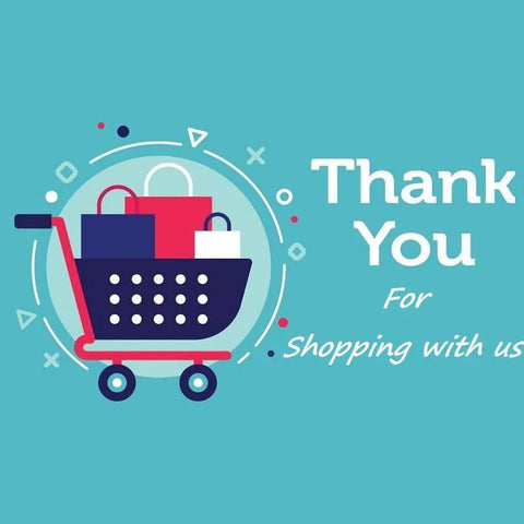 Illustration of shopping cart with bags and 'Thank You for Shopping with Us' text on blue background.