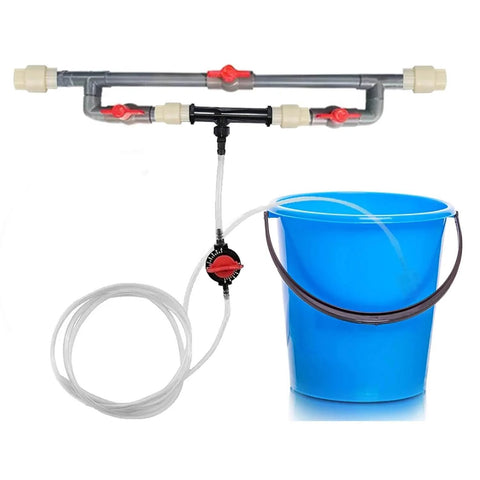 Venturi Fertilizer Injector For Drip Irrigation System with hose connected to a blue bucket, easy install, precise mixing.