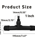Dimensions of 2 Pack 1 Inch Venturi Fertilizer Injectors For Irrigation Systems, Black Plastic Water Mixer Tube
