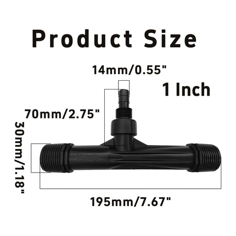 Dimensions of 2 Pack 1 Inch Venturi Fertilizer Injectors For Irrigation Systems, Black Plastic Water Mixer Tube