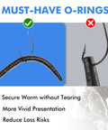 Comparison of fishing hook setups with silicone O-ring from Wacky Worm O Ring Set For Bass Fishing Silicone O Rings 300 Pack Fits Soft Plastic Worms.