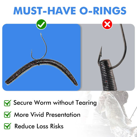 Comparison of fishing hook setups with silicone O-ring from Wacky Worm O Ring Set For Bass Fishing Silicone O Rings 300 Pack Fits Soft Plastic Worms.