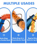 Wacky Worm O Ring Set For Bass Fishing Silicone O Rings 300 Pack shown on parallel and perpendicular hooks and jig head