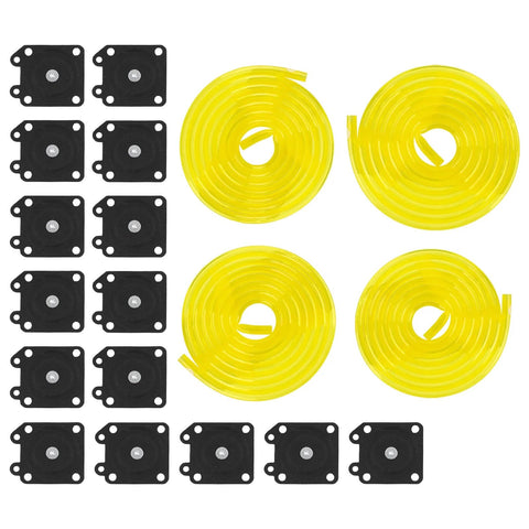 15 Piece Carburetor Metering Diaphragm Assembly With 4 Fuel Lines For Walbro WA WT WY WZ Series Carburetors DIY Ready Replacement Kit Including 95-526 95-526-8 95-526-9 showing diaphragms and yellow fuel lines