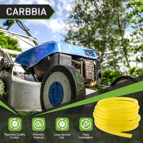Lawn mower with visible engine and coiled yellow fuel line, promoting 15 Piece Carburetor Metering Diaphragm Assembly With 4 Fuel Lines For Walbro WA WT WY WZ Series Carburetors DIY Ready Replacement Kit Including 95-526 95-526-8 95-526-9