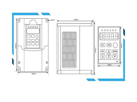 Technical drawing of 380V frequency drive for Water Cooled 1.5kW ER20 Square Type Spindle Motor With Four P4 Bearings 0.01mm Runout.