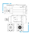 Technical diagram of water cooled 1.5kW ER20 square type spindle motor with four P4 bearings 0.01mm runout and 380V frequency drive.