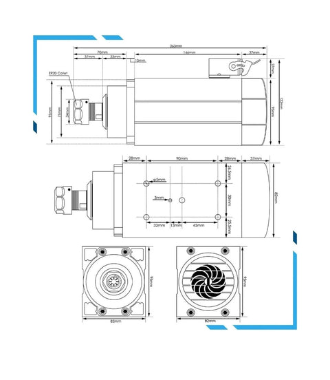 Technical diagram of water cooled 1.5kW ER20 square type spindle motor with four P4 bearings 0.01mm runout and 380V frequency drive.