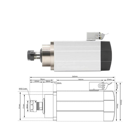 Water Cooled 1.5kW ER20 Square Type Spindle Motor With Four P4 Bearings 0.01mm Runout And 380V Frequency Drive shown in diagram