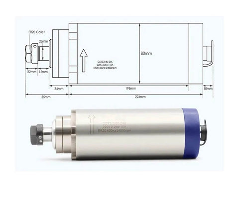 2.2KW ER20 CNC Milling Spindle Motor 220V Water Cooled Quiet Operation with 80mm Mounting and axial preload