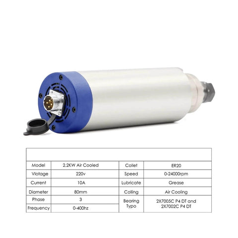 2.2KW ER20 CNC Milling Spindle Motor 220V Water Cooled Quiet Operation with 80mm diameter and 224mm length, side view