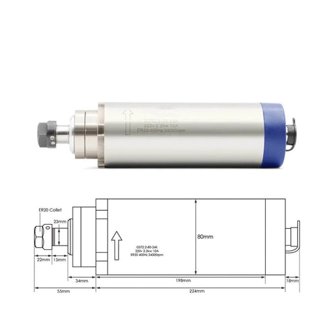 2.2KW ER20 CNC Milling Spindle Motor 220V Water Cooled Quiet Operation with 80mm Mounting and high-speed bearings, front view