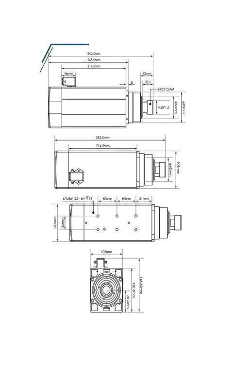 Technical diagram of Beefy 4.5kW ER32 CNC Spindle Motor Water Cooled 220V To 380V Square Spindle With Ceramic Ball Bearings 0.01mm Runout