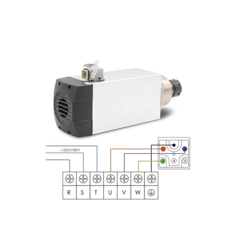 Beefy 4.5kW ER32 CNC Spindle Motor Water Cooled 220V To 380V Square Spindle With Ceramic Ball Bearings in front view with wiring diagram