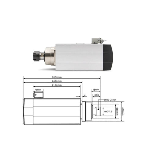 Beefy 4.5kW ER32 CNC Spindle Motor Water Cooled 220V To 380V Square Spindle With Ceramic Ball Bearings 0.01mm Runout side view