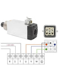 Water Cooled 220V 2.2kW ER25 Wood Spindle With Ceramic Ball Bearings next to wiring diagram and connector, showing VFD compatibility.