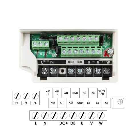 Close-up of VFD inverter connection board for Water Cooled 220V 2.2kW ER25 Wood Spindle With Ceramic Ball Bearings setup.