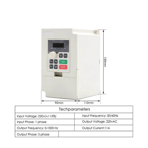VFD Inverter for Water Cooled 220V 2.2kW ER25 Wood Spindle with dimensions and tech parameters
