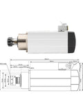 Side view of Water Cooled 220V 2.2kW ER25 Wood Spindle With Ceramic Ball Bearings, showing dimensions and coupling detail.
