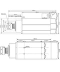 Technical diagram of Beefy ER25 Square Spindle With 2.2kW Inverter Drive Water Cooled For Quiet CNC Milling, dimensions shown.