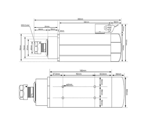 Technical diagram of Beefy ER25 Square Spindle With 2.2kW Inverter Drive Water Cooled For Quiet CNC Milling, dimensions shown.