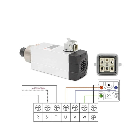 Beefy ER25 Square Spindle With 2.2kW Inverter Drive Water Cooled For Quiet CNC Milling, shown with connector and wiring diagram