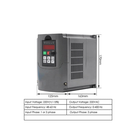 Dimensions and specifications of 2.2kW inverter drive for Beefy ER25 Square Spindle, showing voltage, frequency, and phase details