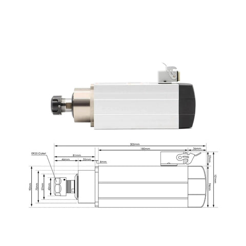 Beefy ER25 Square Spindle With 2.2kW Inverter Drive Water Cooled, 180x82x94mm, CNC Milling tool with diagram, Ceramic Ball Bearings, 220V