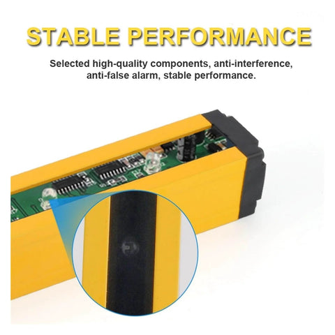 Close-up of Workhorse Safety Light Curtain Sensor Switch With Four Beam Coverage showcasing internal components and yellow aluminum housing.