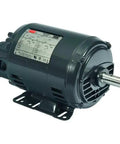 Three Phase General Purpose Motor One And A Half Horsepower Open Drip Proof Enclosure 143 5T Frame 56 Hertz 230 Or 460 Volt AC With Rigid Base Mounting Workhorse with visible specifications plate and metal shaft