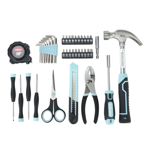 Seafoam 40-Piece Household Tool Kit For Quick Home Repairs And Do It Yourself Projects includes hammer, pliers, and screwdriver set.