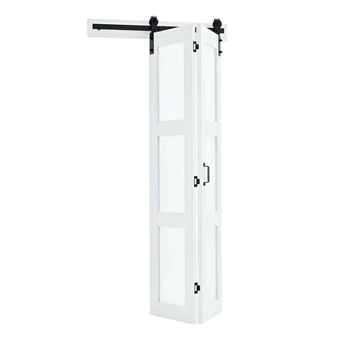 Bifold Barn Door 36 by 84 Inches With Frosted Glass Panels and Header Rail Kit, Space Saving Design, Preassembled Panels, White Finish