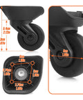 2 Pcs Luggage Replacement Wheels Model A73 showing dimensions, featuring 360 Degree Swivel Rubber Casters made from Durable Rubber and Metal.