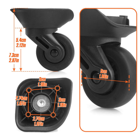 2 Pcs Luggage Replacement Wheels Model A73 showing dimensions, featuring 360 Degree Swivel Rubber Casters made from Durable Rubber and Metal.