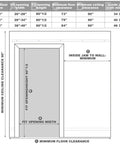 Diagram showing dimensions for White Primed Sliding Barn Door For Bookshelf Built To Last With Solid Core MDF, includes fit opening and clearance sizes.