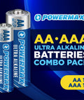 Alkaline Battery 24 Count Pack 12 AA And 12 AAA Reclosable Packaging with blue Powermax branding on AA and AAA batteries.