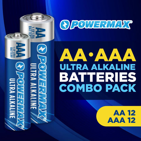 Alkaline Battery 24 Count Pack 12 AA And 12 AAA Reclosable Packaging with blue Powermax branding on AA and AAA batteries.
