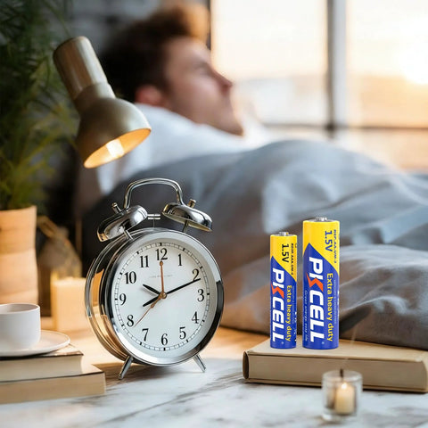 AA And AAA Battery Combo Pack, 24 AA And 24 AAA, 1.5V Carbon Zinc High Energy next to alarm clock on bedside table