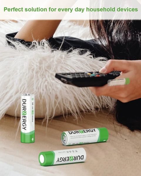 Person using remote with AA and AAA Battery Combo Pack 102 Count Alkaline 1.5V for remotes nearby