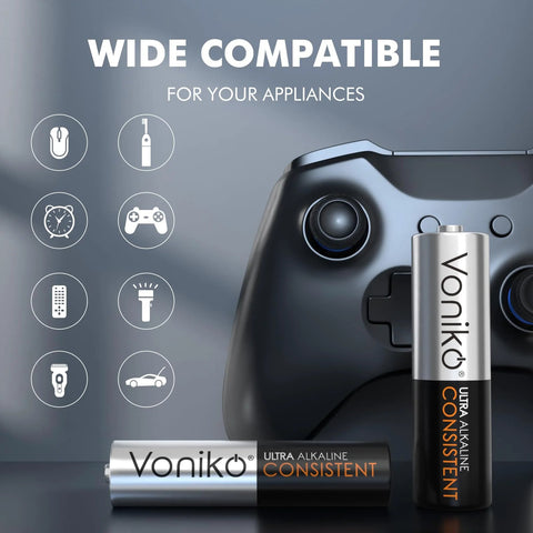 AA And AAA Battery Combo Pack 24 Count 1.5V Premium Alkaline Long Lasting Power with gaming controller and device icons