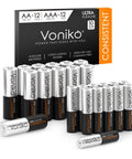 AA And AAA Battery Combo Pack 24 Count 1.5V Premium Alkaline Long Lasting Power displayed with packaging and individual batteries