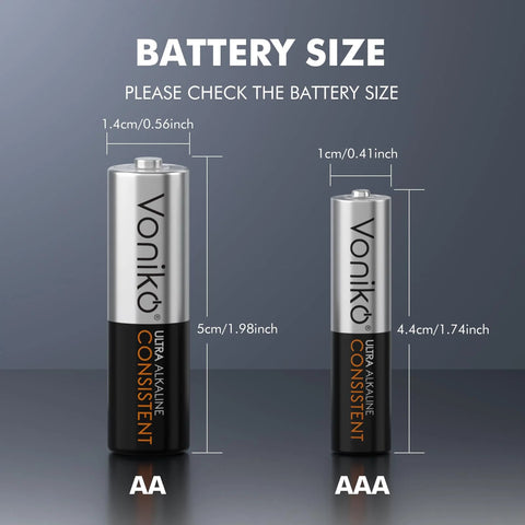 AA And AAA Battery Combo Pack 24 Count 1.5V Premium Alkaline Long Lasting Power, showing size comparison between AA and AAA batteries.