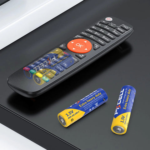 Remote control with AA and AAA batteries, part of the AA And AAA Battery Combo Pack, 24 AA And 24 AAA, 1.5V Carbon Zinc High Energy.