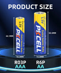 AA And AAA Battery Combo Pack, 24 AA And 24 AAA, 1.5V Carbon Zinc High Energy, product size comparison of batteries showing dimensions