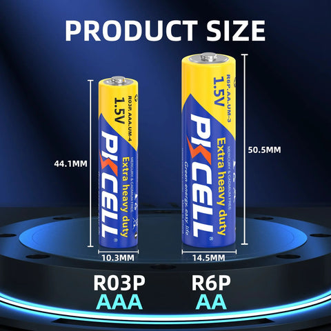 AA And AAA Battery Combo Pack, 24 AA And 24 AAA, 1.5V Carbon Zinc High Energy, product size comparison of batteries showing dimensions