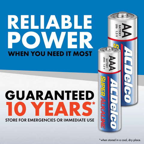 AA And AAA Battery Pack 40 Count For Home And Office 20 Each 1.5V Alkaline with 10-year shelf life guarantee shown on package.