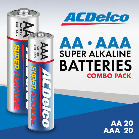 AA And AAA Battery Pack 40 Count For Home And Office 20 Each 1.5V Alkaline, featuring AA and AAA batteries with ACDelco branding.