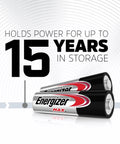 Two AA alkaline batteries with text '15 years in storage', highlighting long-lasting MAX performance in the 16 pack.