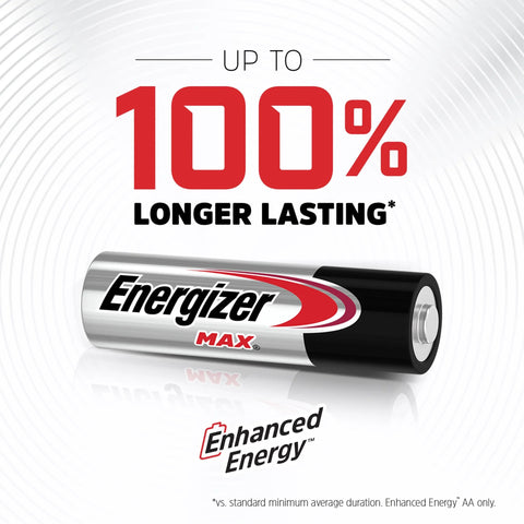 AA Alkaline Batteries 16 Pack Long Lasting MAX Performance showing battery with up to 100% longer lasting text