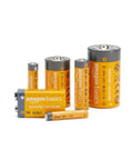 Assorted Amazon Basics alkaline batteries including D, AAA, AA, and 9V sizes displayed together